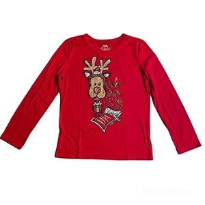 Justice Christmas Reindeer Long Sleeve Red Graphic Tee Size 20